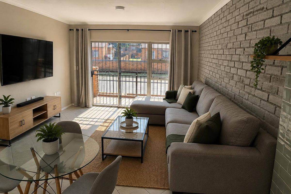 A well-maintained living room featuring an exposed brick accent wall, tiled flooring, and a sliding door leading to an outdoor area.