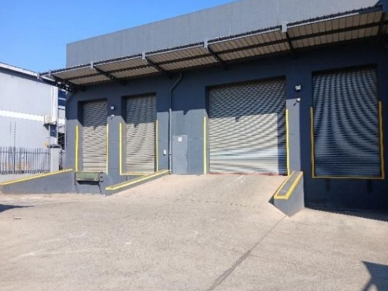 Industrial warehouse exterior featuring multiple roller shutter doors, dedicated loading docks with concrete ramps, and protective metal canopy roofing.
