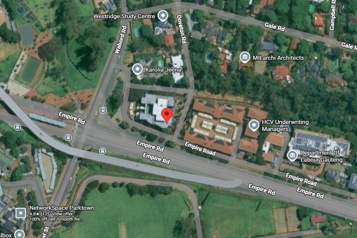 An aerial map view showing the commercial property location and surrounding street infrastructure in Parktown.