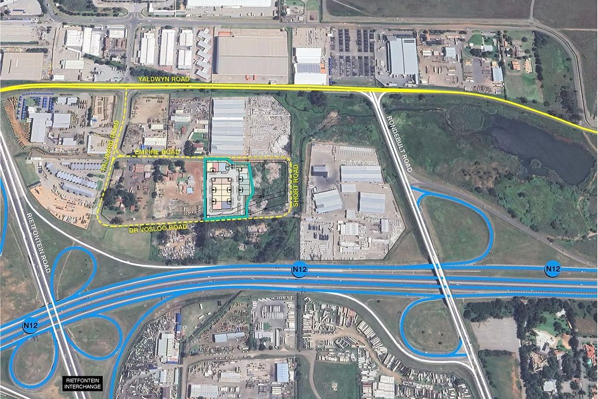 Aerial view of the industrial property location, highlighting proximity to major road networks and the N12 highway interchange.