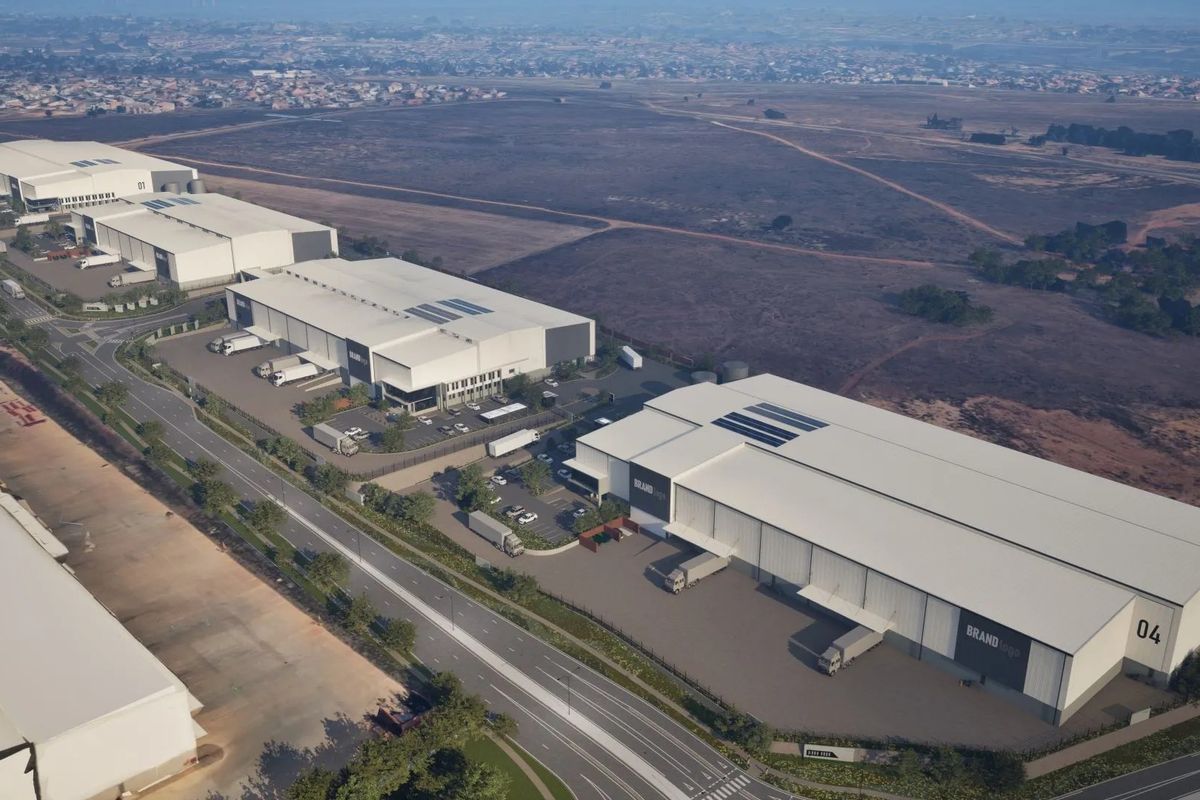 Aerial view of a modern industrial warehouse park featuring multiple large-scale logistics facilities with dedicated loading bays and integrated access infrastructure.