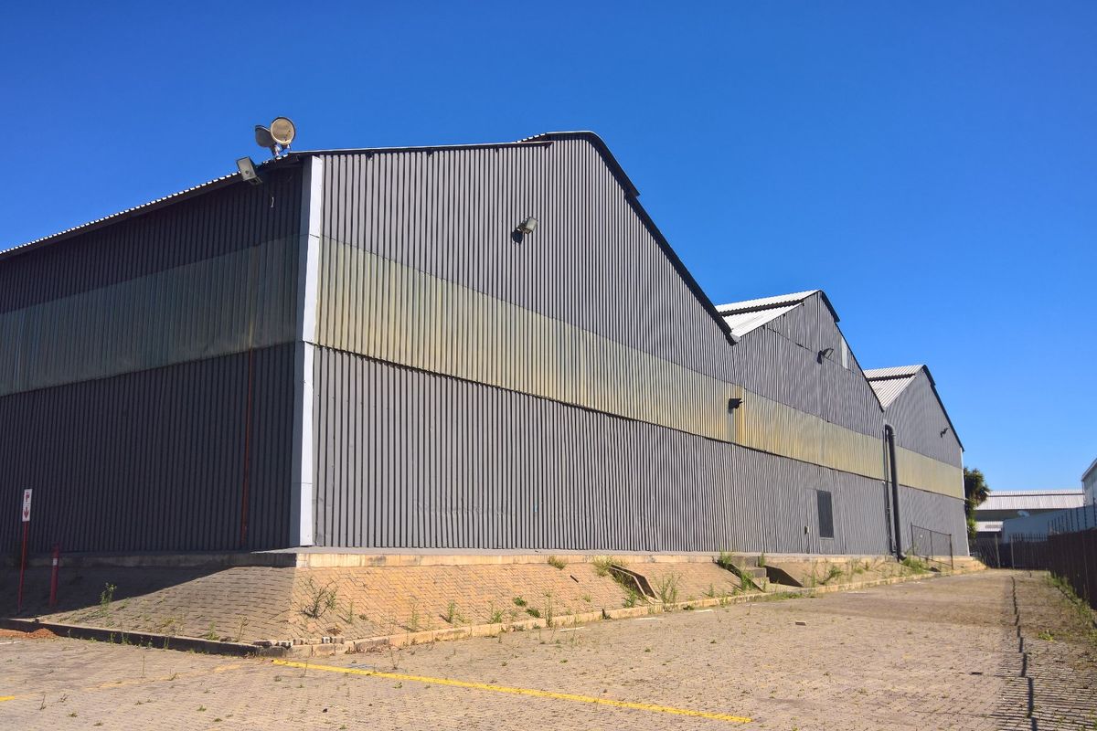 Rear view of an industrial warehouse featuring corrugated metal cladding, a pitched roof design, and an expansive paved yard area.