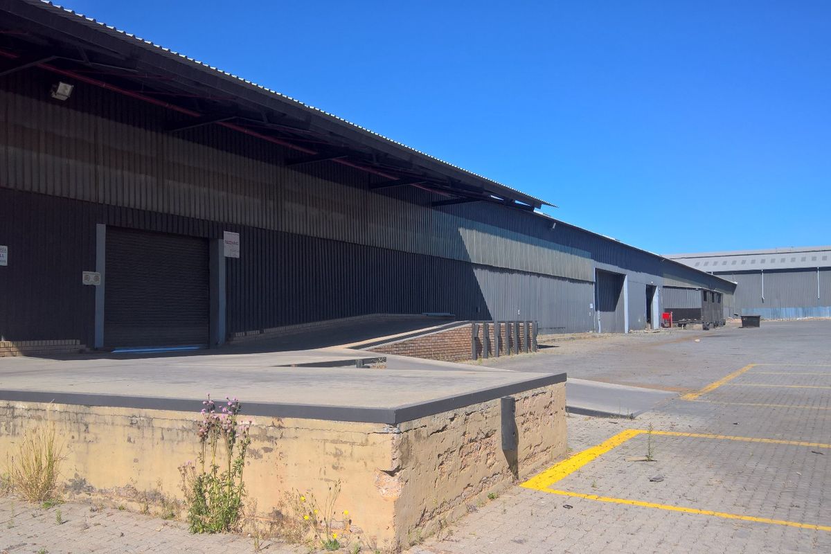 Industrial warehouse exterior featuring a loading dock, ramp access, and roller shutter doors with a large paved yard area.