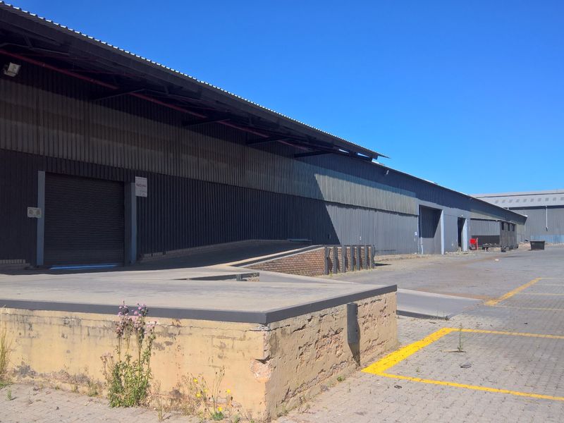 Industrial warehouse exterior featuring a loading dock, ramp access, and roller shutter doors with a large paved yard area.