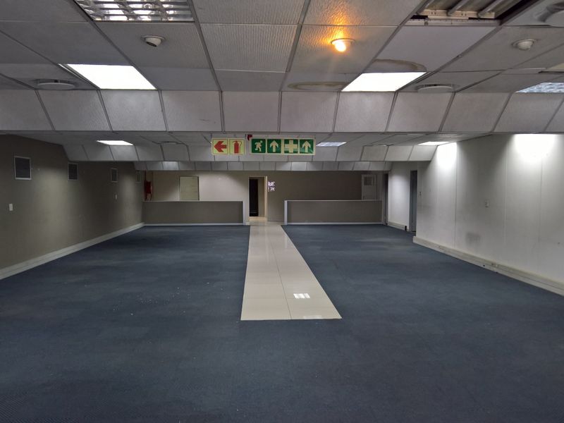 Large open-plan industrial office space featuring a suspended ceiling, recessed lighting, and a combination of carpeted and tiled flooring.