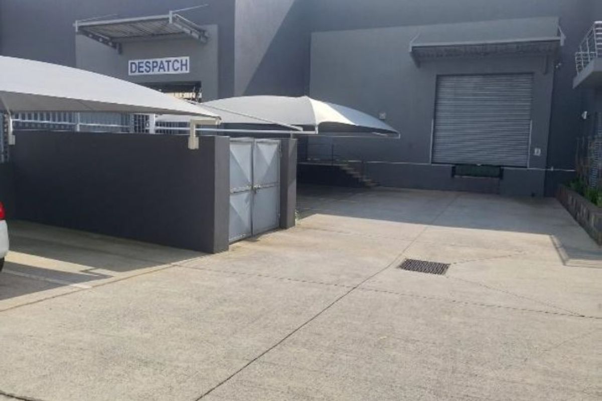 Industrial rear yard featuring a concrete loading area, roller shutter door access, and covered parking bays.