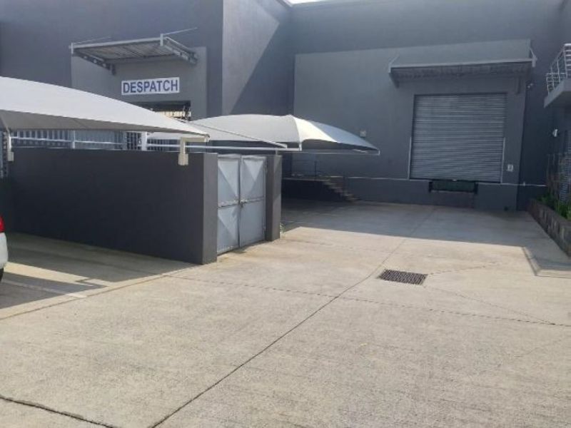 Industrial rear yard featuring a concrete loading area, roller shutter door access, and covered parking bays.
