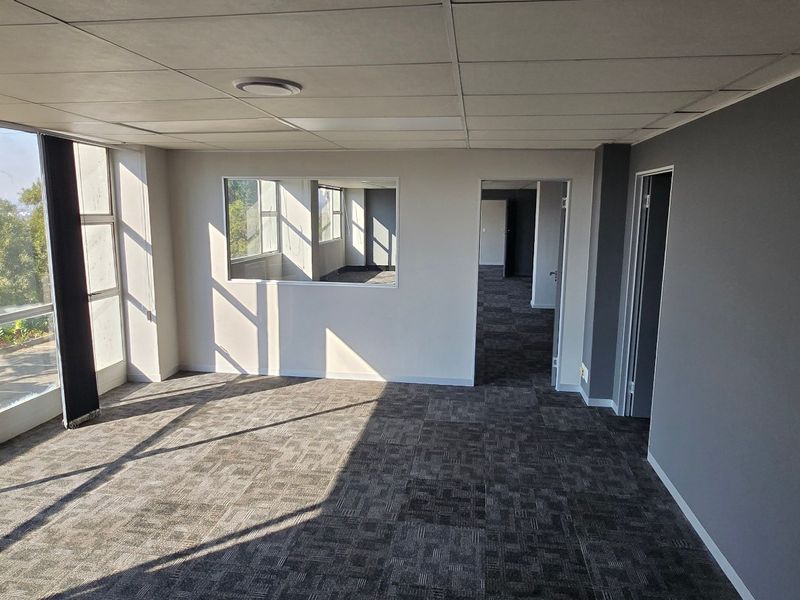 An empty, well-lit commercial office space featuring carpet tiles, a suspended ceiling, and large windows providing natural light and exterior views.
