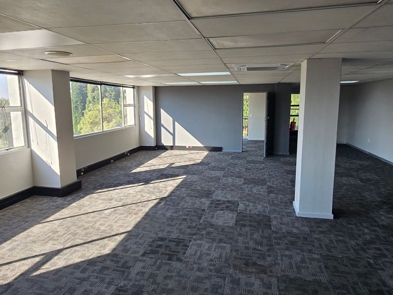 Spacious, open-plan commercial office area featuring large windows, carpet tiles, and a suspended ceiling, offering a bright and professional workspace.