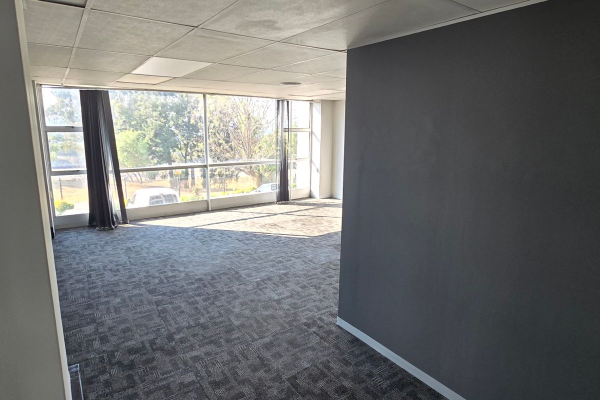 A bright, empty office space featuring large windows, carpeted flooring, and a suspended ceiling, offering a clean and professional environment.