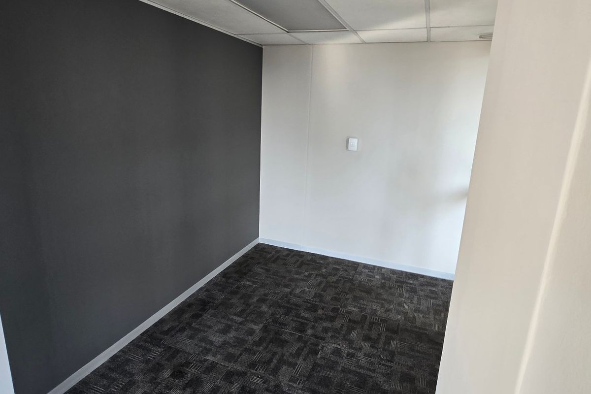 A clean, empty office space featuring dark carpet tiles, a contrasting accent wall, and a suspended ceiling with integrated lighting.