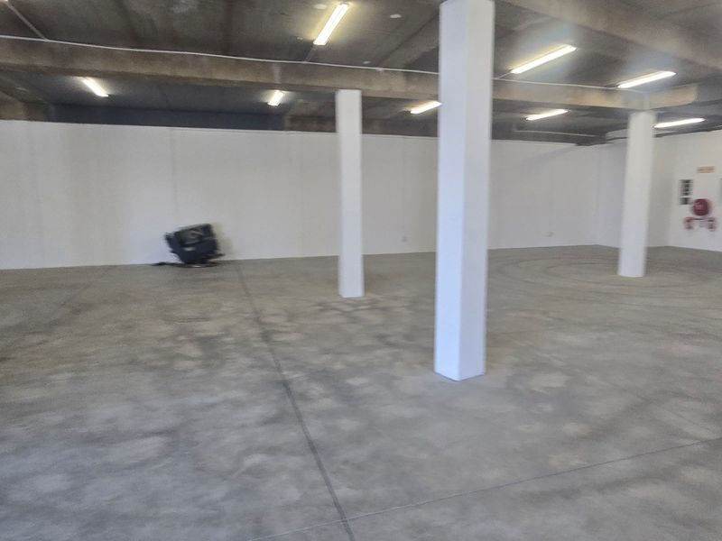 Spacious industrial utility area featuring exposed concrete ceilings, structural support columns, and durable concrete flooring, suitable for various commercial or storage applications.