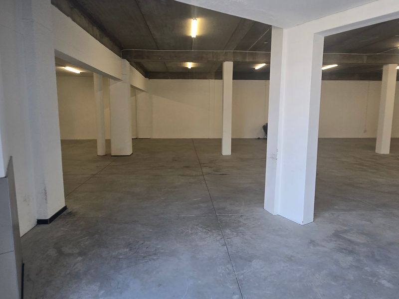 Spacious open-plan industrial unit featuring polished concrete flooring, exposed concrete ceilings, and structural support columns, offering a versatile blank canvas for various business operations.