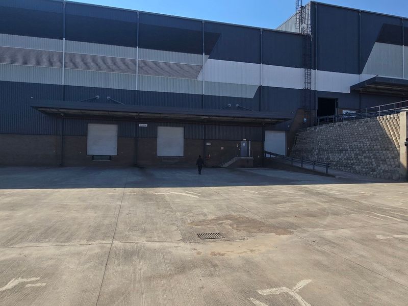Industrial rear yard featuring multiple loading docks, concrete hardstand, and a retaining wall, providing functional access for logistics and operations.