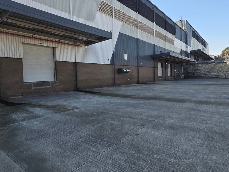 Industrial rear loading yard featuring multiple roller shutter doors, concrete hardstand, and metal-clad warehouse exterior.