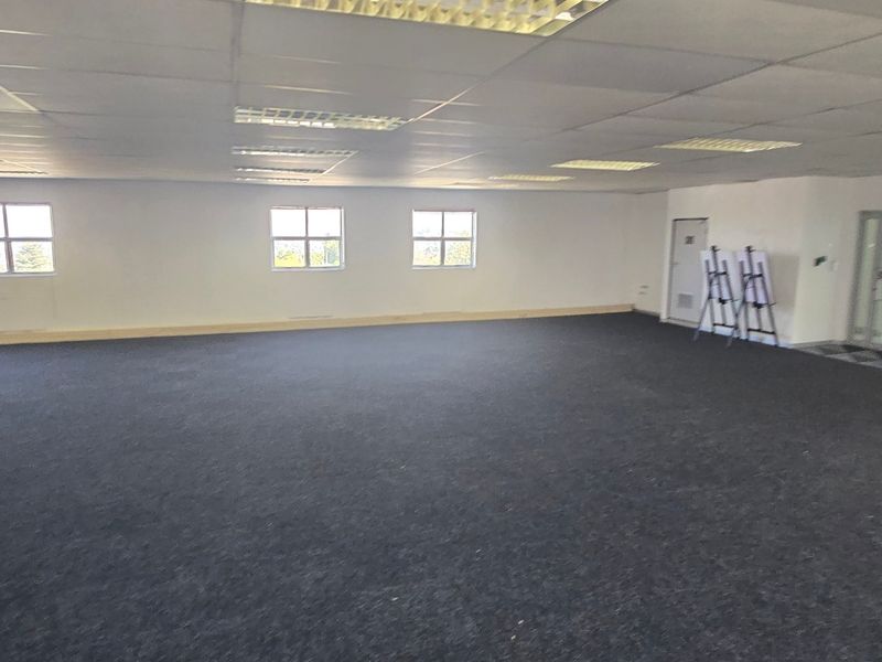 A spacious, open-plan commercial office area featuring a suspended ceiling with recessed lighting, carpeted flooring, and multiple windows providing natural light.