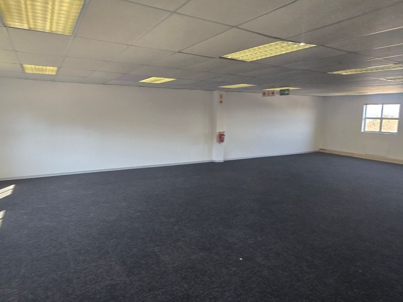 A spacious, open-plan commercial office area featuring a suspended ceiling with recessed lighting, carpeted flooring, and multiple windows providing natural light.