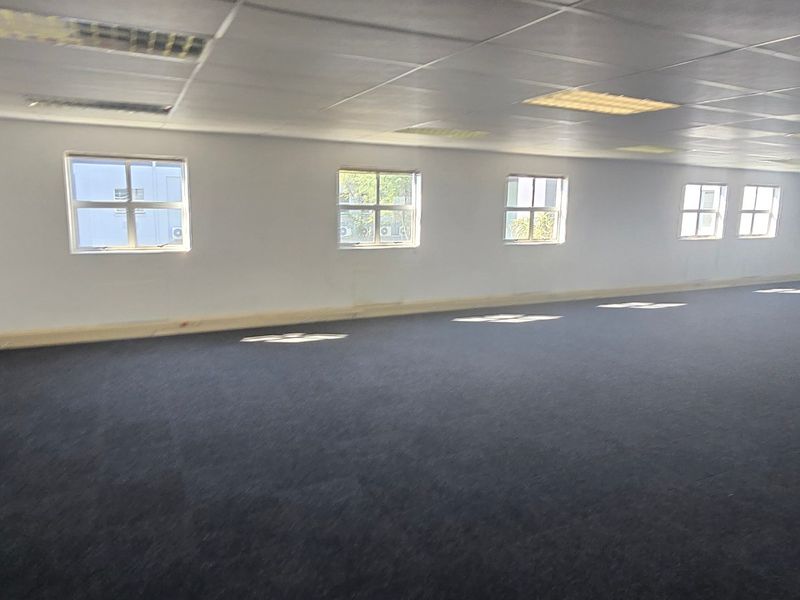 A spacious, open-plan commercial office area featuring neutral walls, dark carpeting, and a suspended ceiling with integrated lighting.