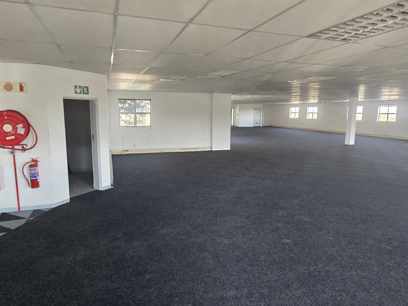 A spacious, open-plan commercial office area featuring carpeted flooring, suspended ceilings, and large windows providing natural light and views.