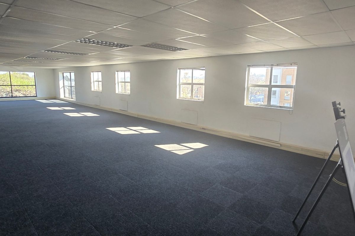 Spacious open-plan commercial office area featuring suspended ceilings, recessed lighting, dark carpet tiles, and multiple windows providing natural light.