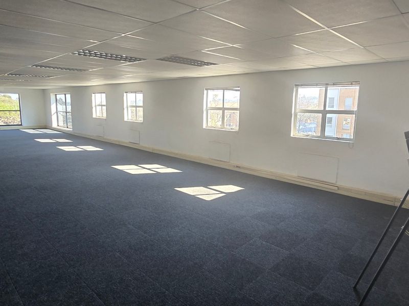 Spacious open-plan commercial office area featuring suspended ceilings, recessed lighting, dark carpet tiles, and multiple windows providing natural light.