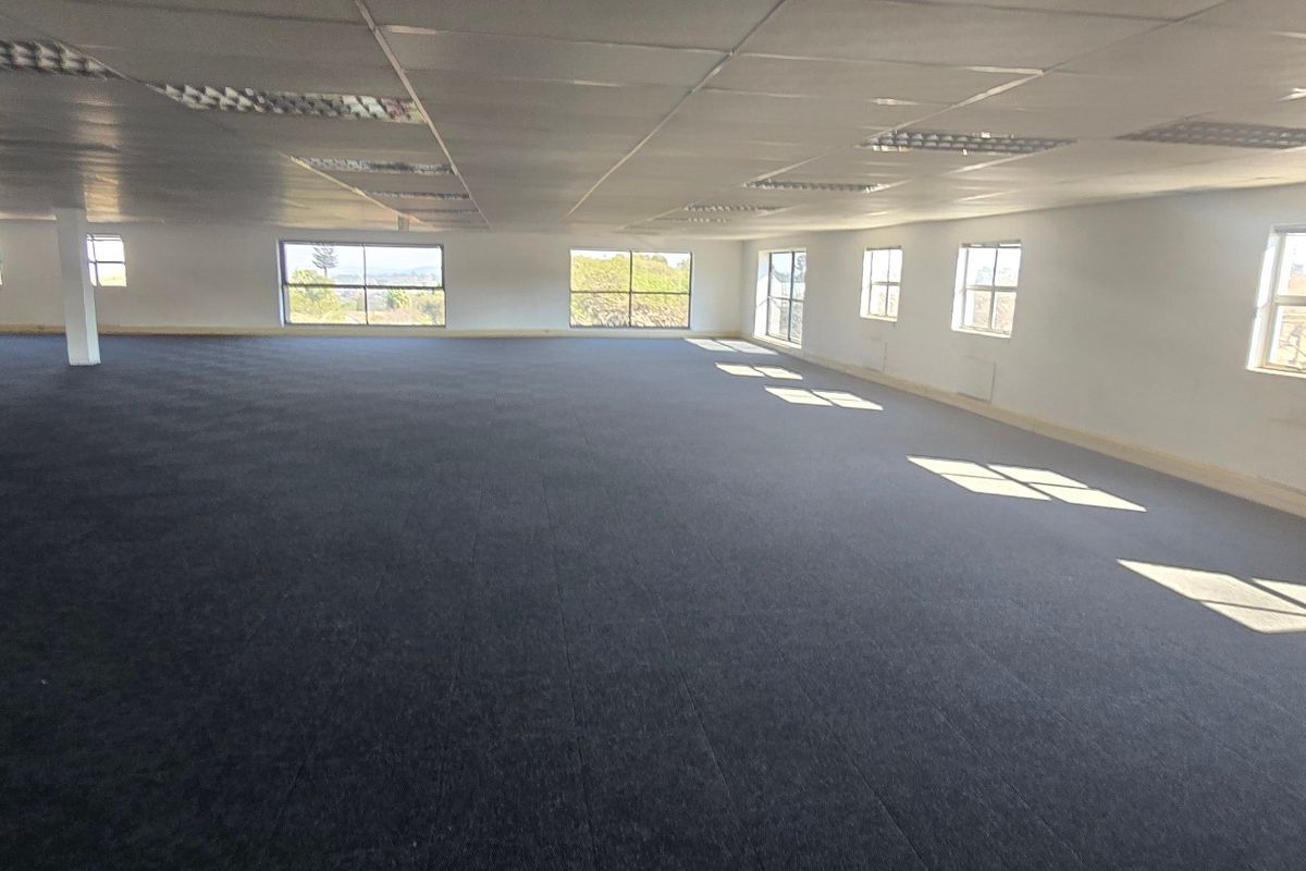 A large, open-plan commercial office space featuring dark carpeting, suspended ceilings with recessed lighting, and multiple windows providing natural light.