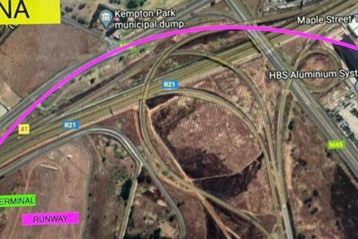 Aerial map view showing the industrial property location relative to major transport routes and the OR Tambo Cargo Terminal.