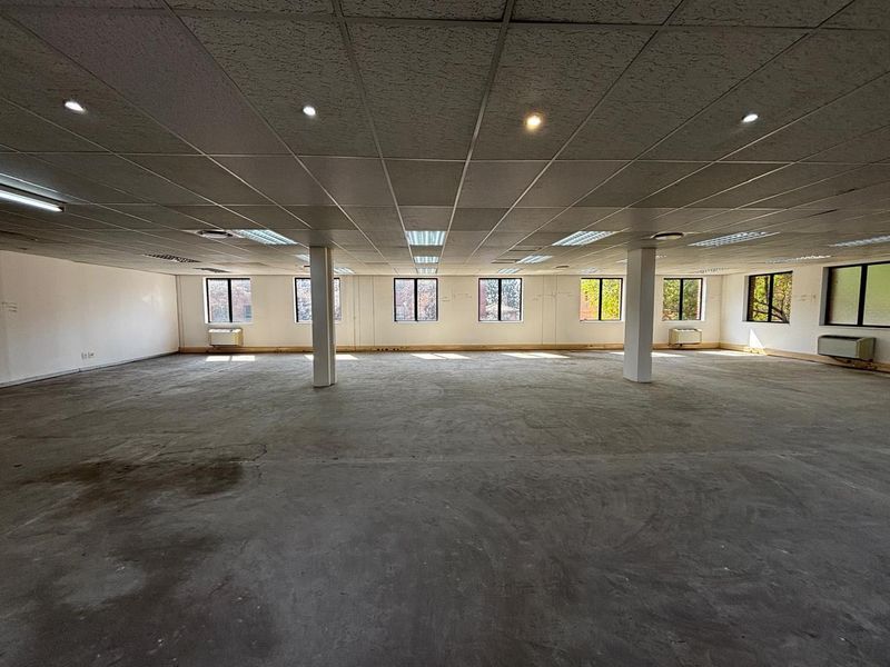 A large, vacant open-plan commercial office space featuring a suspended ceiling, recessed lighting, structural columns, and large windows providing natural light.