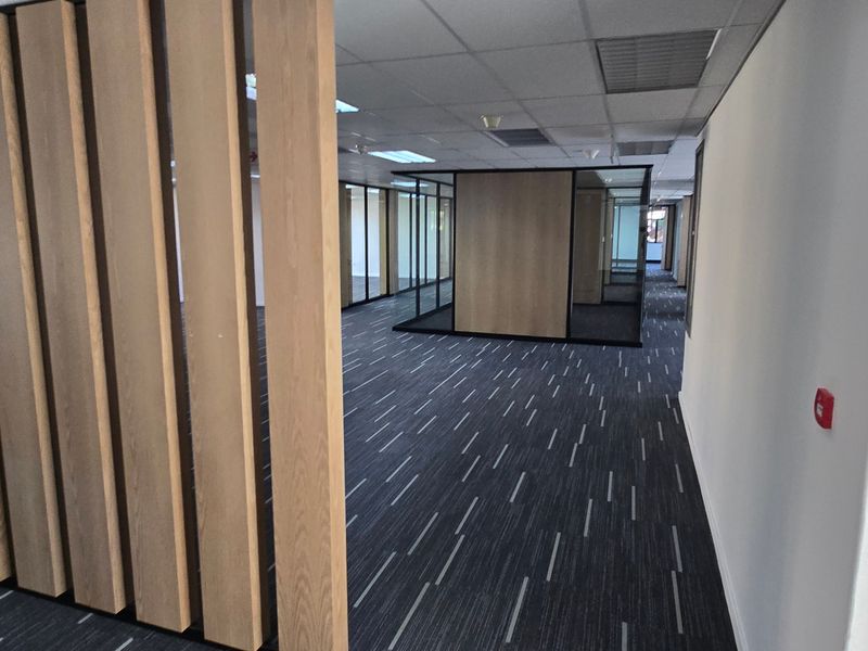 Modern open-plan office space featuring glass partitions, timber slat detailing, suspended ceilings, and contemporary carpet tiles in a professional commercial setting.