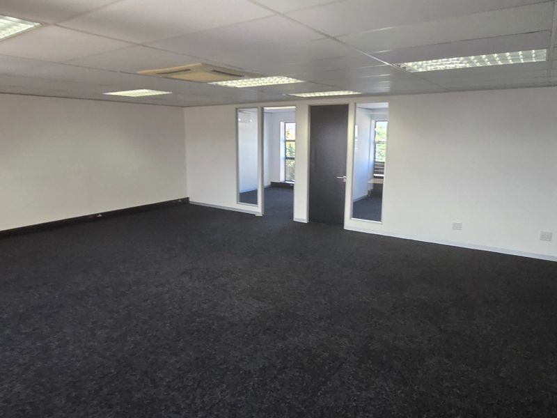 A spacious, vacant commercial office area featuring dark carpeting, suspended ceilings with recessed lighting, and internal glass partitions for a professional layout.