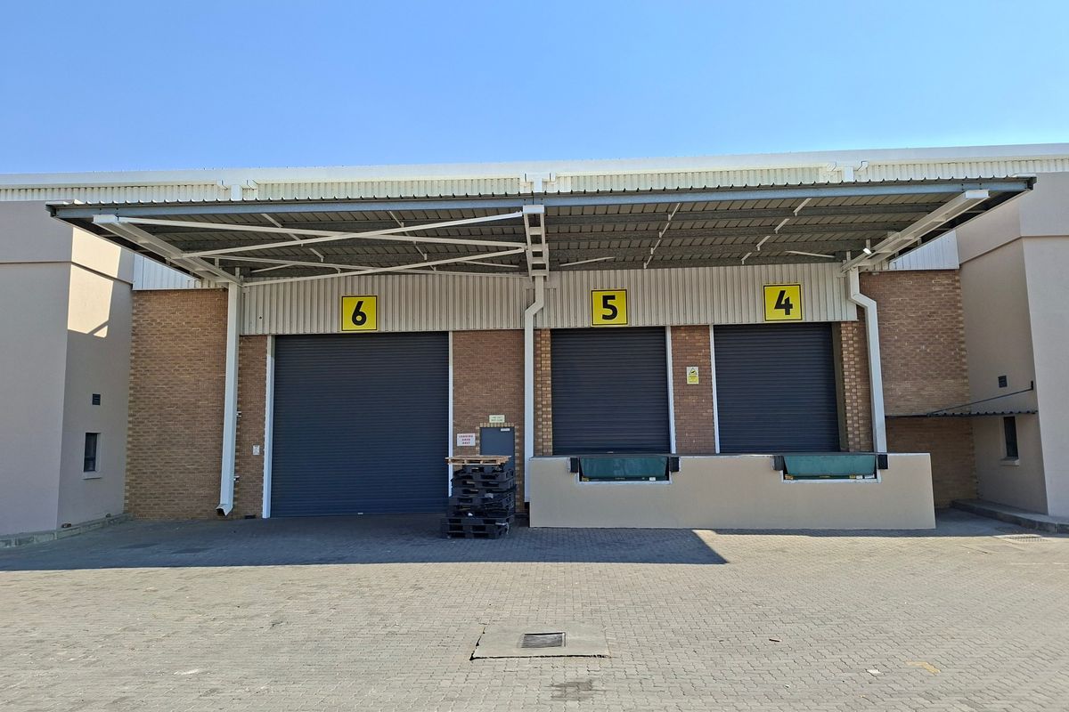Industrial warehouse exterior featuring three loading bays with roller shutter doors, dock levelers, and a protective steel canopy over a paved yard.