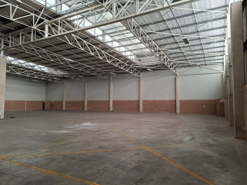 Spacious industrial warehouse unit featuring high-clearance steel roof trusses, translucent skylights for natural light, and durable concrete flooring.