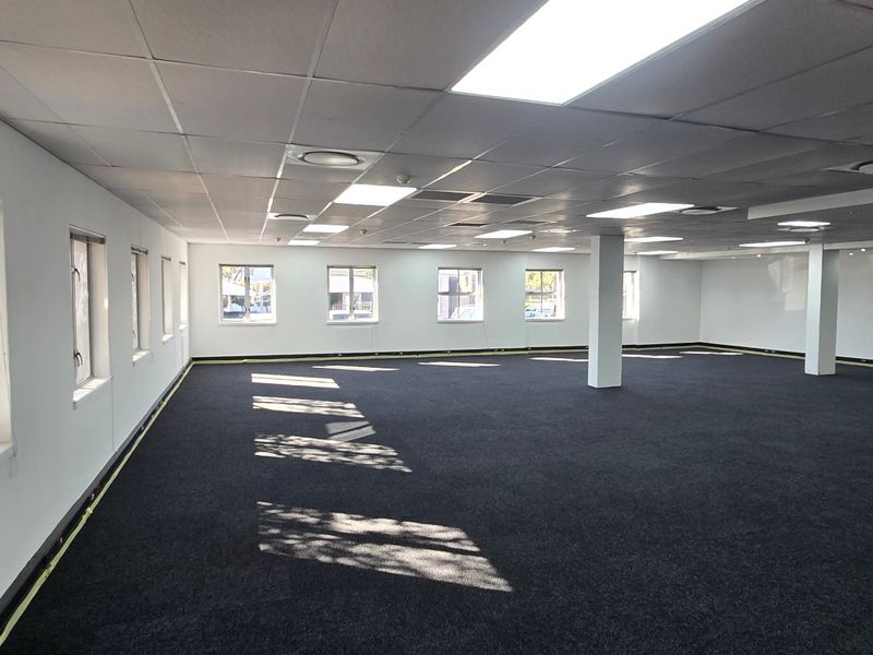 A spacious, open-plan commercial office area featuring a suspended ceiling, recessed lighting, and dark carpeting, offering a clean and versatile workspace.