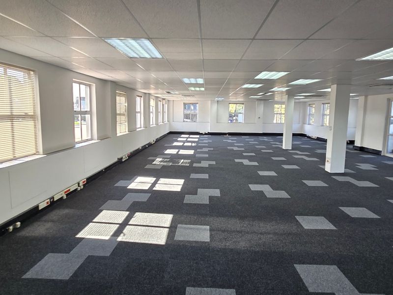 A spacious, open-plan commercial office area featuring suspended ceilings, recessed lighting, carpet tiles, and perimeter trunking, offering a clean and functional workspace.