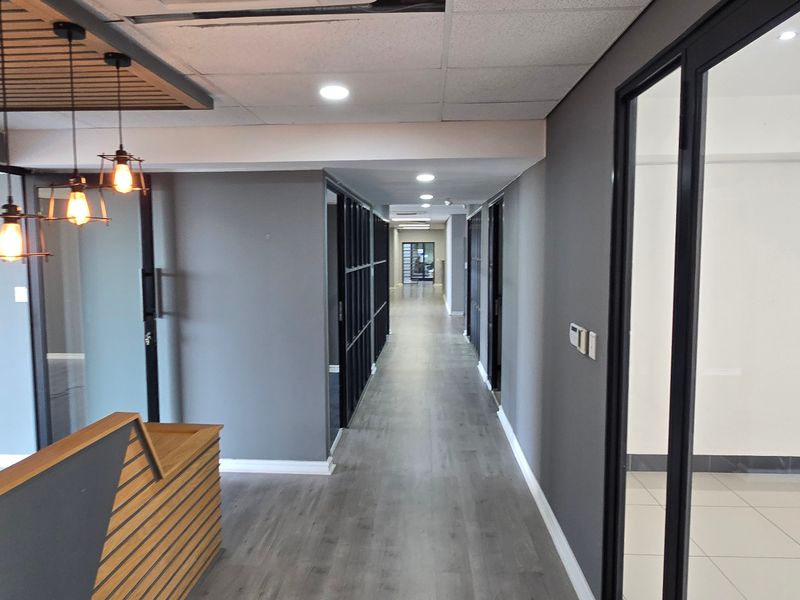 Modern commercial hallway featuring glass partition walls, timber slat accents, recessed lighting, and durable laminate flooring in a professional office environment.