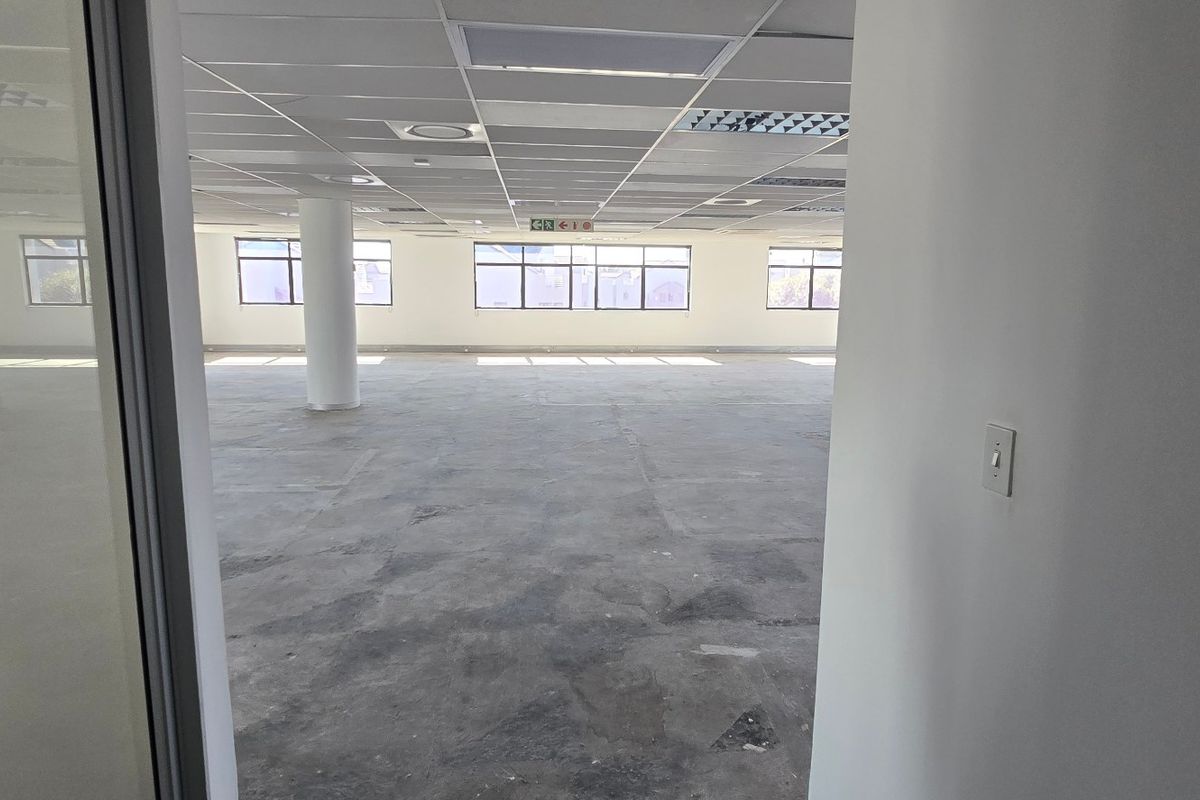 An expansive, open-plan commercial office space featuring a suspended ceiling, recessed lighting, and large windows providing ample natural light.