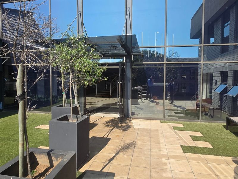 Modern commercial exterior courtyard featuring a glass curtain wall facade, glass entrance canopy, paved patio area, and integrated artificial turf landscaping.