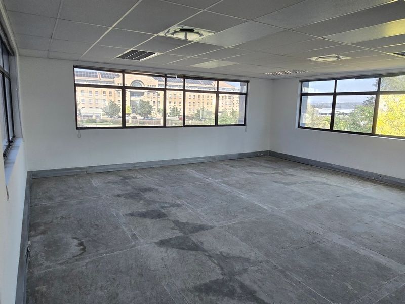 A spacious, empty commercial office area featuring large windows, a suspended ceiling with recessed lighting, and unfinished concrete flooring.