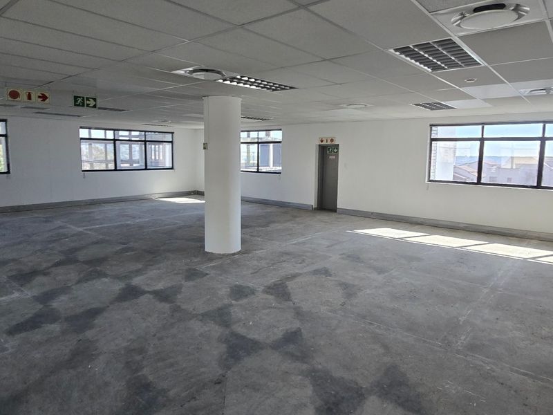 A spacious, open-plan commercial office area featuring large windows, a suspended ceiling with recessed lighting, and an unfinished concrete floor.