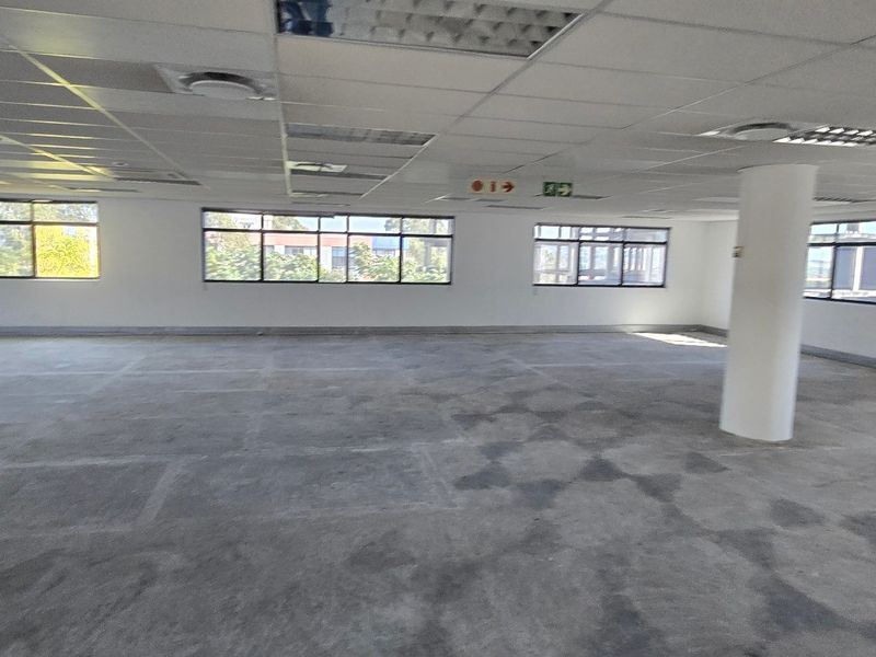 A spacious, open-plan commercial office area featuring a suspended ceiling, recessed lighting, and large windows providing ample natural light.