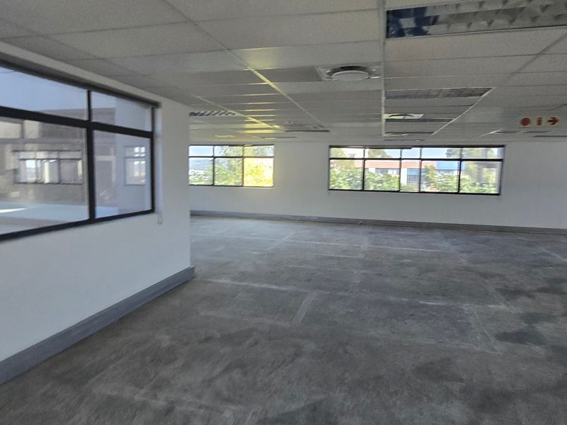 Spacious open-plan commercial office area featuring large windows, suspended ceilings, and concrete flooring, offering a blank canvas for custom fit-out.