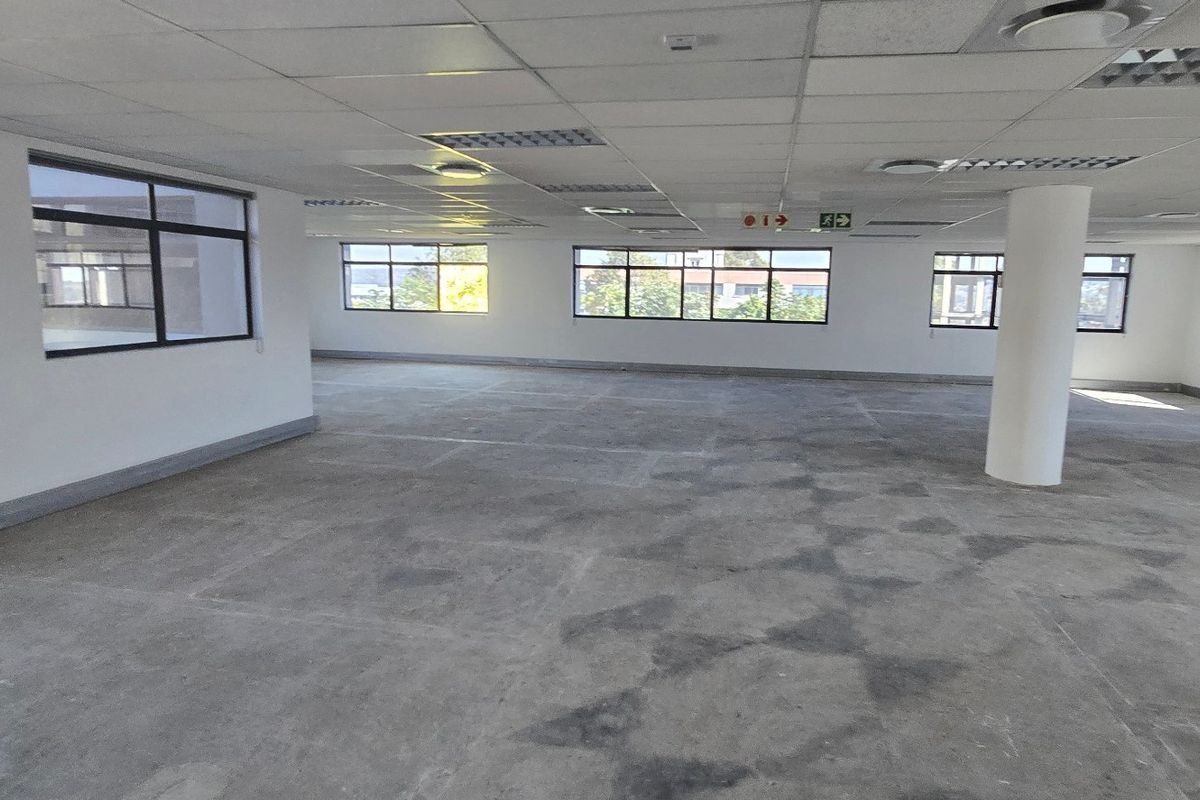 A spacious, open-plan commercial office area featuring a suspended ceiling, recessed lighting, and large windows providing ample natural light.