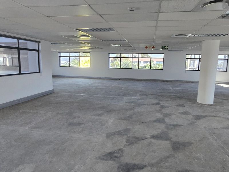A spacious, open-plan commercial office area featuring a suspended ceiling, recessed lighting, and large windows providing ample natural light.