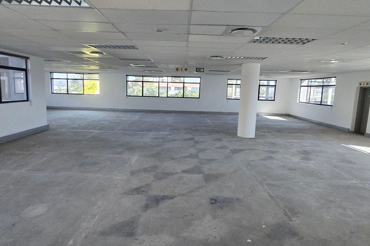 A large, open-plan commercial office space featuring a suspended ceiling, structural columns, and expansive windows, currently awaiting floor finishing.