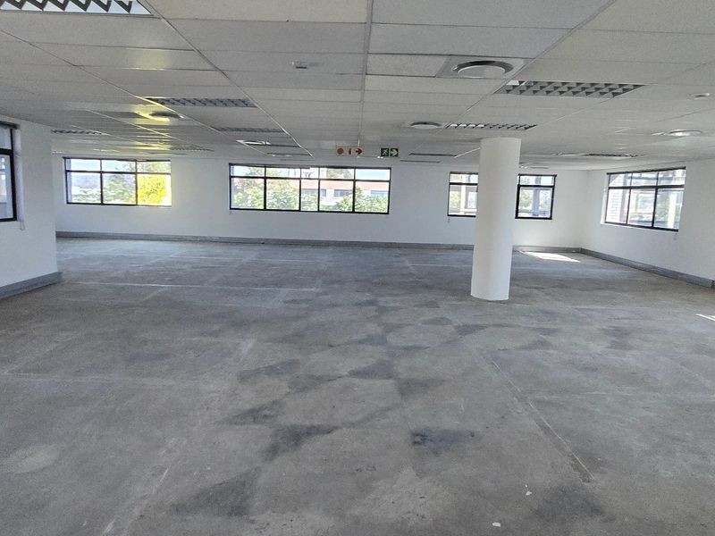 A large, open-plan commercial office space featuring a suspended ceiling, structural columns, and expansive windows, currently awaiting floor finishing.