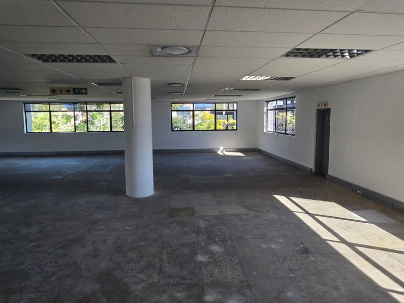 A spacious, open-plan commercial office area featuring large windows, a suspended ceiling with recessed lighting, and an unfinished concrete floor.