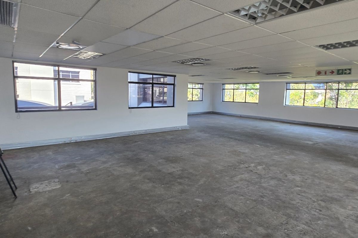 Spacious open-plan commercial office area featuring large windows, suspended ceilings with recessed lighting, and an unfinished concrete floor ready for custom flooring installation.
