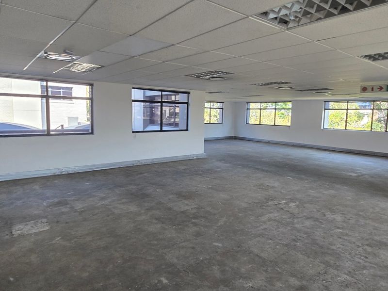 Spacious open-plan commercial office area featuring large windows, suspended ceilings with recessed lighting, and an unfinished concrete floor ready for custom flooring installation.