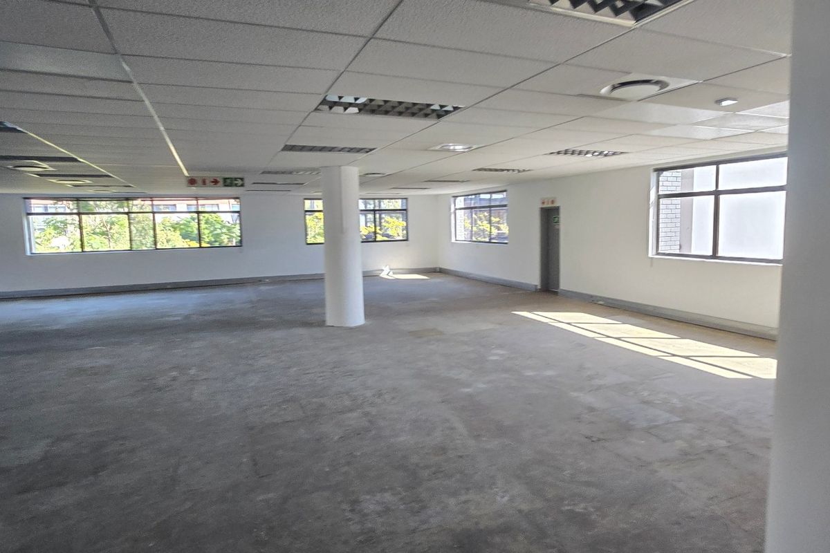 A spacious, open-plan commercial office area featuring a suspended ceiling, recessed lighting, and large windows providing ample natural light.