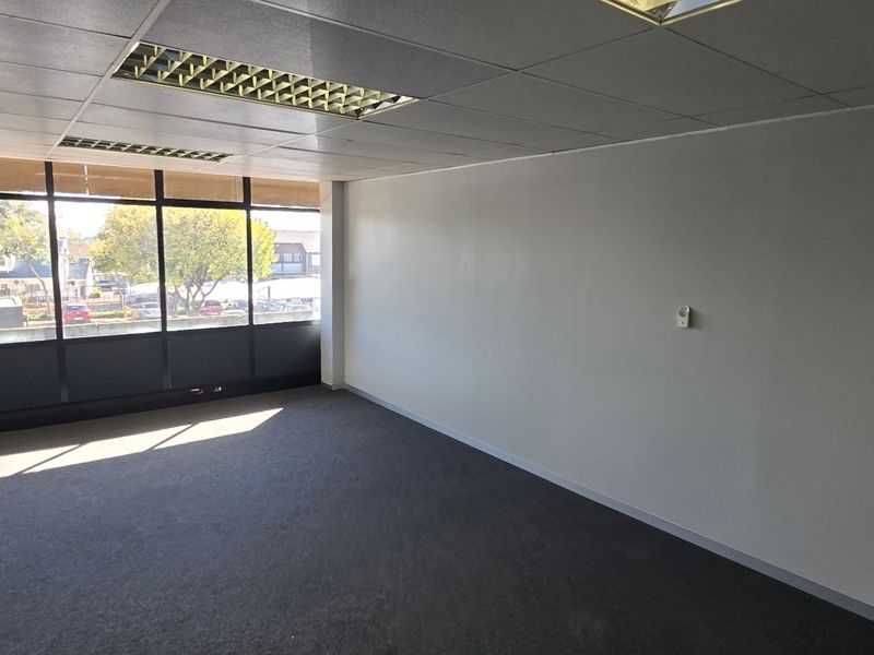 A vacant, open-plan commercial office space featuring large windows, suspended ceilings with recessed lighting, and neutral carpet flooring.